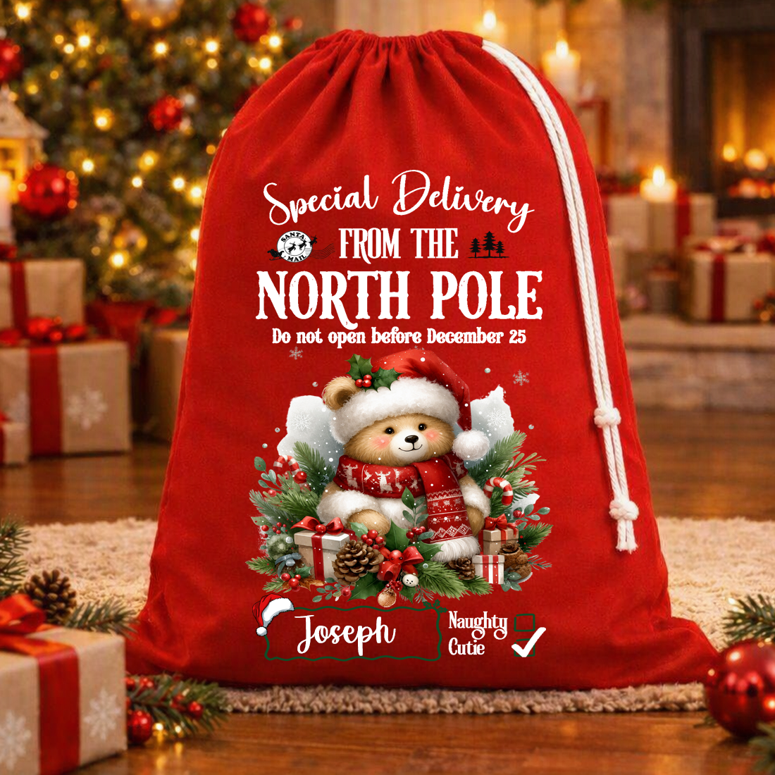 Special Delivery Teddy Christmas Bag – Rope Drawstring