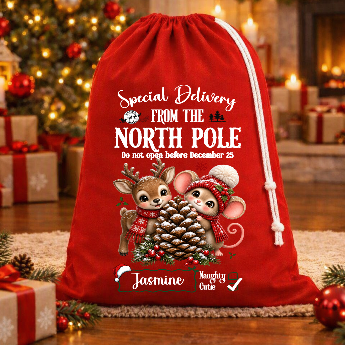 Special Delivery Reindeer Christmas Bag – Rope Drawstring